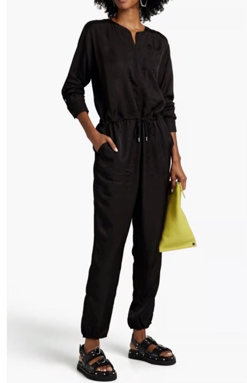 ATM Jumpsuit Womens Small Black Satin Drawstring Quiet Luxury Casual Travel